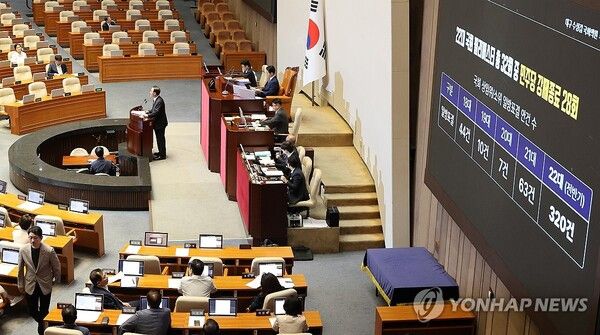 국민의힘 주호영 의원이 30일 국회에서 열린 7월 임시국회 제3차 본회의에서 형사소송법 개정안에 대한 무제한 토론(필리버스터)을 하고 있다.[사진=연합뉴스]