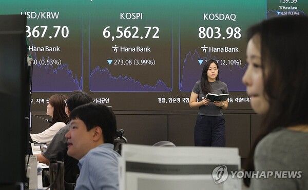 2일 코스피는 전장보다 273.08포인트(3.99%) 하락한 6,562.72에 장을 마치며 지난달 28일 이후 3거래일 만에 내림세로 돌아섰다. [사진=연합뉴스]