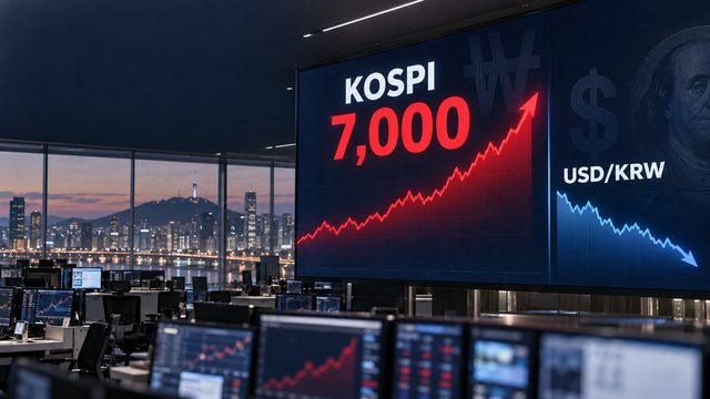 코스피가 9일 전 거래일보다 97.12포인트(1.40%) 오른 7,051.64에 마감하며 33거래일 만에 7,000선을 탈환했다. 원·달러 환율은 9.5원 내린 1,336.1원으로 약 23개월 만에 최저 수준을 기록했다. [이미지=챗GPT]