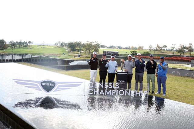제네시스 챔피언십 포토콜에 참석한 파블로 장유빈, 김민규, 박상현, 김주형, 안병훈, 귀도 밀리오치, 파블로 라라사발