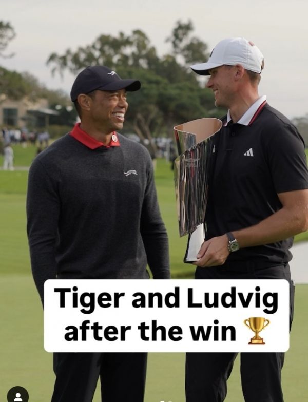 타이거 우즈와 제네시스 우승자 루드비그 오베리(우측). 사진=PGA투어