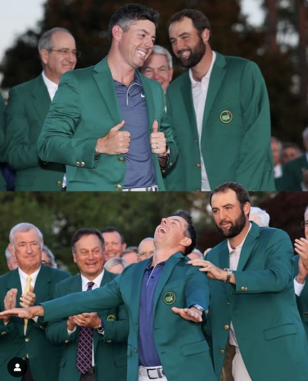 로리 매킬로이에게 그린재킷을 입혀주는 디펜딩 챔피언 스코티 셰플러(우측). 사진=PGA투어