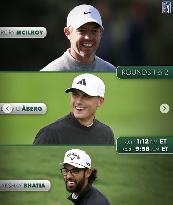 로리 매킬로이, 루드비그 오베리, 악샤이 바티아. 사진=마스터스 토너먼트