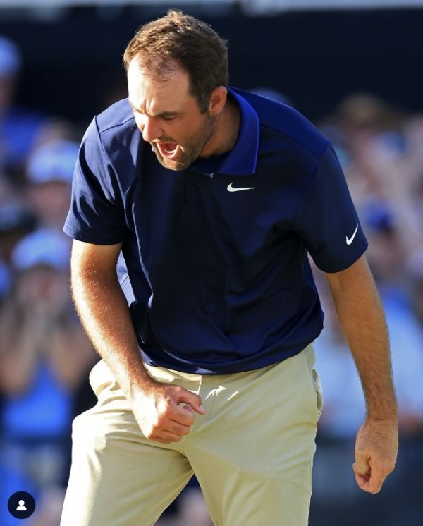 마지막 홀에서 우승을 확정지은 스코티 셰플러의 리액션. 사진=PGA투어