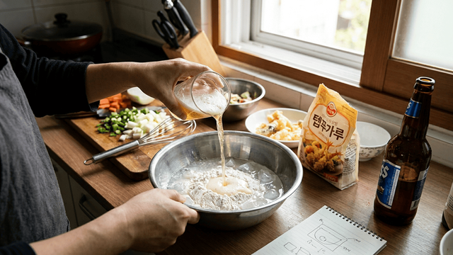맥주를 튀김반죽에 넣는 모습 / 기사 이해를 돕기 위한 AI 이미지