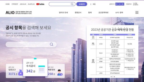 공공기관 경영정보 공시 시스템인 알리오의 메인 화면. /알리오 화면 캡처