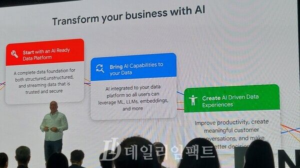 NEMO2023의 두번째 기조연설을 맡은 올리버 레츠버그 구글 AI·&nbsp;데이터 제품 담당 부사장. /사진=황재희기자