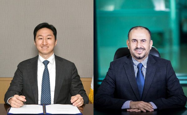 지난 2021년 3월 정기선 부사장(왼쪽, 당시 현대중공업지주 경영지원실장)은 현대중공업그룹 지주사인 현대중공업지주 대표로 사우디 아람코와 수소 및 암모니아 관련 업무협약(MOU)을 체결했다. 오른쪽은 아흐마드 알 사디(Ahmad A. Al-Sa’adi) 사우디 아람코 테크니컬 서비스 부문 수석부사장. 사진=HD현대