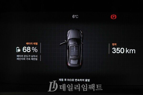 폴스타 2의 클러스터. 왼쪽에 배터리 상태, 오른쪽에 주행가능 거리가 보인다. 사진=김현일 기자