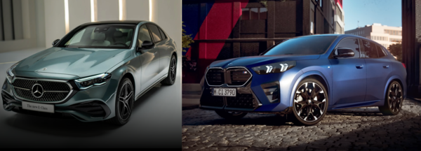 (왼쪽부터) 메르세데스-벤츠가 1월 상반기 국내 출시 예정인 준대형 세단 'E-클래스', BMW가 올해 상반기 중 국내 출시 예정인 쿠페형 스포츠유틸리티차량(SUV) 'X2'. 사진=벤츠코리아 홈페이지, BMW 유튜브 채널