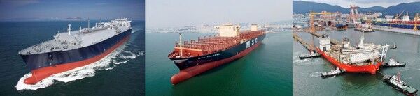 슈퍼사이클(초호황기)에 접어든 국내 조선업계가 인력난 등을 해결하기 위한 방안으로 디지털 등 첨단 기술을 활용한 '스마트 조선소' 구축에 나서고 있다. 삼성중공업이 건조한 LNG 운반선(왼쪽부터), HD한국조선해양이 2023년 인도한 초대형 컨테이너선, 한화오션의 대형 해상풍력발전기 설치선. /사진=각 사