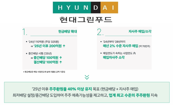 현대그린푸드 주주환원 시행 계획. / 사진=2024 현대그린푸드 기업가치 제고 계획 PDF.