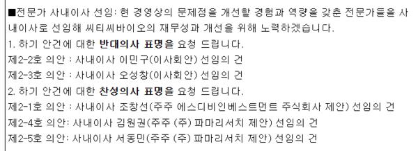 파마리서치의 지난 3월 주주총회 당시 의결권대리행사권유 참고서류 일부. 조창선 씨티씨바이오 대표(당시 후보)의 선임 건에 찬성해달라고 권유했다.