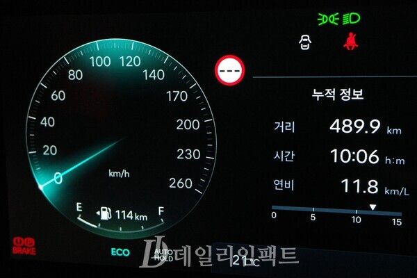 그랜저 가솔린 2.5 캘리그라피 트림을 고속도로 위주로 489.9km 주행했을 때 클러스터에 11.8km/ℓ의 복합 연비가 나왔다. 공인 복합 연비인 11.4km/ℓ 대비 소폭 높게 나온 편. /사진=김현일 기자