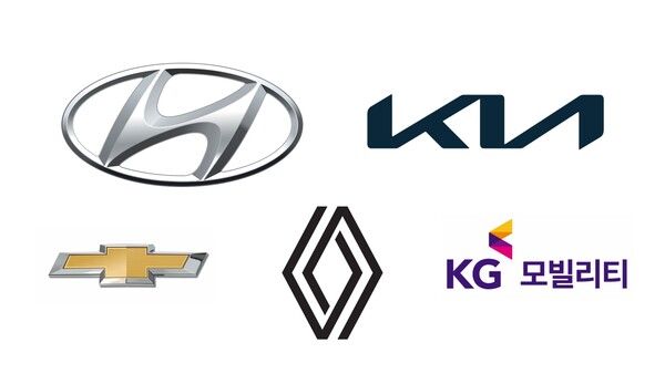 국내 완성차 5사 엠블럼 및 기업이미지(CI). (왼쪽 위부터) 현대자동차, 기아, 쉐보레(GM 한국사업장), 르노코리아, KG모빌리티. /이미지=각 사