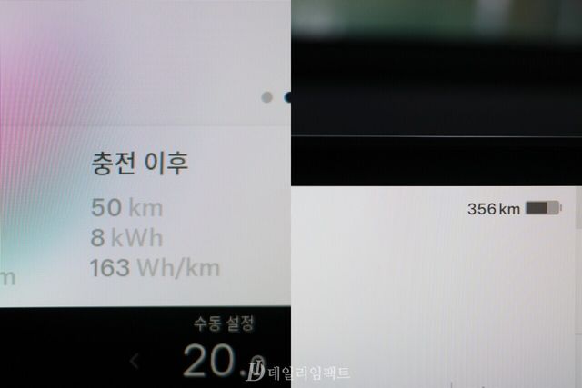 (왼쪽)'모델 Y' 롱 레인지 듀얼 모터 모델의 배터리를 80%까지 채우고 50km 주행했을 때의 데이터. (오른쪽)68% 가량의 배터리가 남았으며, 잔여 주행 가능 거리는 356km가 나왔다. /사진=김현일 기자