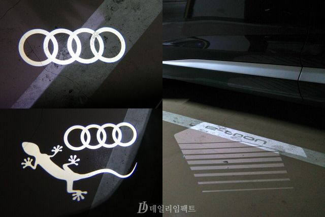 아우디 'Q4 40 이트론' 프리미엄 모델 도어라이트. 문을 열었을 시 1열의 경우 아우디 엠블럼(왼쪽 위), 좌측 2열은 엠블럼과 아우디 4륜구동 시스템 '콰트로'의 상징인 게코도마뱀 모양의 불빛이 비춘다. 문을 닫은 상태에서는 아우디의 전기차 라인업 '이-트론(e-tron)' 모양의 불빛(오른쪽)이 은은하게 나온다. /사진=김현일 기자