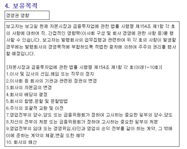 대명소노그룹은 티웨이항공 지분을 취득하며 보유 목적을 경영권 영향으로 공시했다. 이사 선임 해임 직무정지 등에 영향력을 행사할 수 있다고 언급했다. / 출처=금융감독원 전자공시