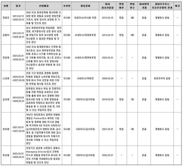티웨이항공 이사회 구성 / 출처=금융감독원 전자공시