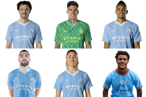 팝업 방문 예정인 맨시티 선수들 (윗줄 왼쪽부터) 잭 그릴리쉬, 에데르송 모라에스, 마누엘 아칸지 (아랫줄 왼쪽부터) 마테오 코바치치, 라이아 알레익산드리, 오스카르 보브 / 사진=롯데백화점