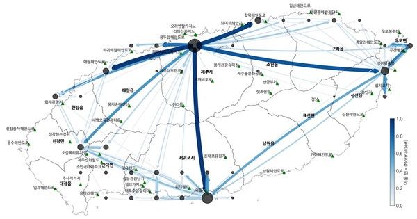 2023년 제주도 방문 외국인 관광객의 소비에 따른 이동 네트워크. /사진=하나카드