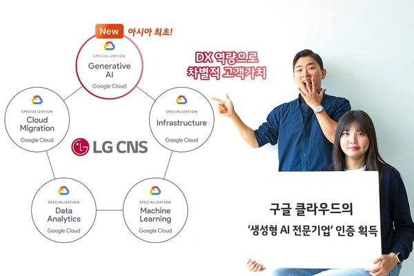 LG CNS 클라우드 전문가들이 구글 클라우드로부터 획득한 '생성형 AI 전문기업' 인증을 소개하는 모습 / 사진=LG CNS