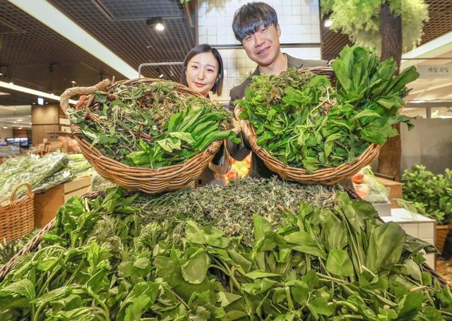 7일 오전 서울시 강남구에 위치한 현대백화점 무역센터점 지하 1층 식품관에서 직원들이 봄 제철 나물을 소개하고 있다. / 사진=현대백화점