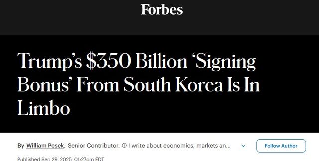 미국 경제 칼럼니스트인 윌리엄 페섹은 지난달 29일 미국 경제 전문지 포브스에 '트럼프가 한국으로부터 받을 3500억달러의 사이닝보너스는 불확실하다'라는 제목의 칼럼을 기고했다. / 사진=포브스 웹사이트 캡처