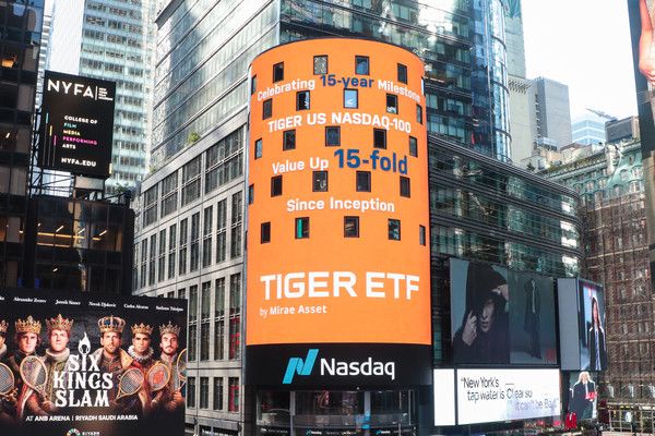 'TIGER 미국나스닥10 ETF' 상장 15주년 및 15배 주가 달성을 기념해 미국 나스닥 타워에 게재된 축하 메시지. 사진=미래에셋자산운용