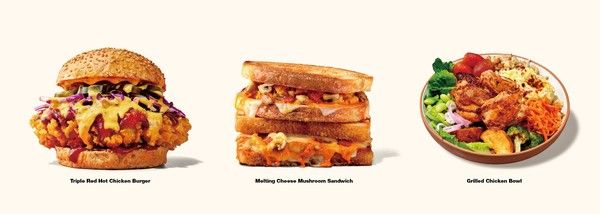 (왼쪽부터) 트리플레드핫치킨버거, 멜팅치즈머쉬룸샌드위치, 그릴드치킨보울 /사진=교촌