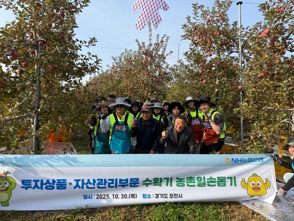 이영우 NH농협은행 투자상품·자산관리부문 부행장과 임직원들이 경기도 포천시 군내면 사과농가를 찾아 일손돕기를 실시하고 있다. / 사진=NH농협은행