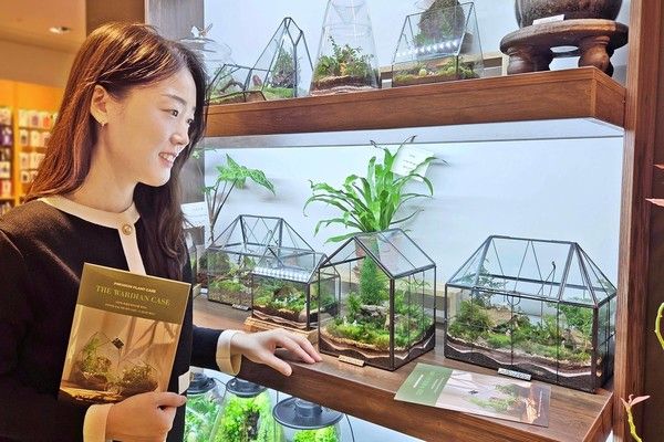 서울 갤러리아명품관에서 모델이 '모스팟'&nbsp;테라리움을 소개하는 모습 /사진=갤러리아백화점