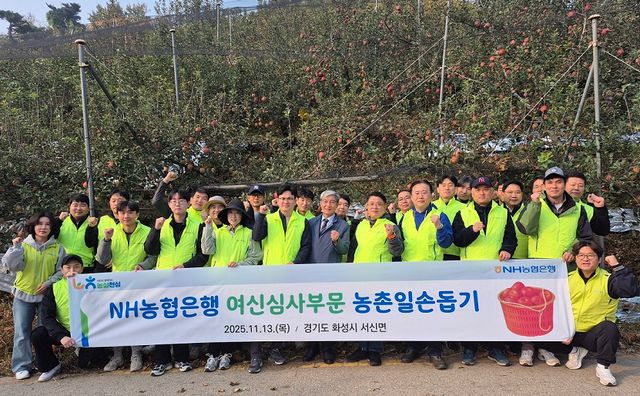 농협은행 여신심사부문 임직원 30여명이 13일 경기도 화성시 농가를 찾아 일손을 도왔다. 김성훈 여신심사부문 부행장(첫줄 오른쪽 네 번째), 안성철 서신농협 조합장(첫줄 오른쪽 다섯 번째) /&nbsp;사진=NH농협은행