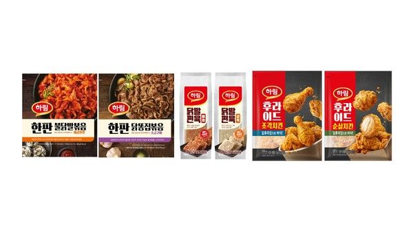 하림 안주용 제품 3종. (왼쪽부터) 한판 불닭발볶음∙닭똥집볶음, 닭발편육, 하림치킨 시리즈 /사진=하림