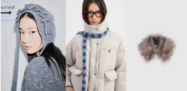(왼쪽부터)럭키슈에뜨 프릴 포인트 니트 바라클라바, 슈에띠즈 스트라이프 니트 머플러, 페이크 폭스 머플러 /사진=코오롱FnC