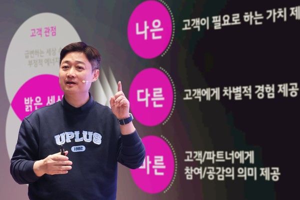 홍범식 LG유플러스 사장이 10일 서울 용산사옥에서 열린 타운홀미팅에서 취임 100일을 맞은 소회를 전하고 '밝은 세상'의 정의와 실천 방법을 공유하고 있다./사진=LG유플러스