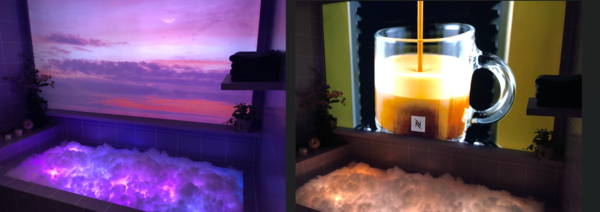 라일락룸의 평소 모습(왼쪽)과 네스프레소 추출 순간 모습(오른쪽) /사진=김현정 기자