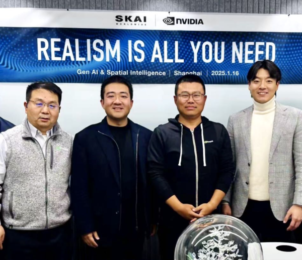 (왼쪽부터) 렌 지안빙 엔비디아 중국 리테일 사업개발 총괄 책임자, 모건 마오 스카이인텔리전스 공동대표 및 AI 총괄, 제노 잔 헤 엔비디아 옴니버스 아태지역 비즈니스 총괄, 이재철 스카이인텔리전스 대표. /사진=스카이인텔리전스 공식 링크드인