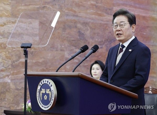 이재명 대통령이 6월 4일 서울 여의도 국회에서 열린 제21대 대통령 취임선서식에서 취임 연설을 하고 있다. / 사진=연합뉴스