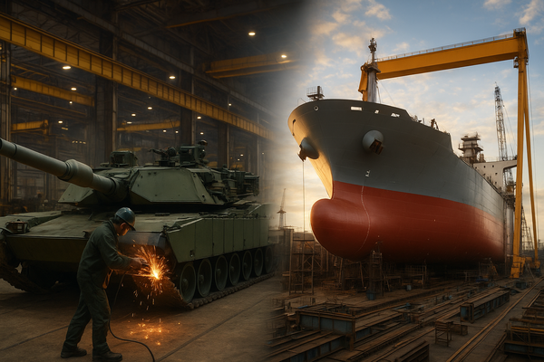 국내 방산·조선업계가 글로벌 안보 리스크, 미국 조선업 재건을 기회로 글로벌 진출길이 활짝 열리며 국내 경제 대도약을 이끌 '쌍두마차'로 부각되고 있다. /사진=챗GPT 생성 이미지