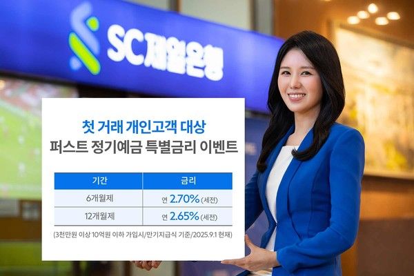 SC제일은행은 첫 거래 고객이 퍼스트정기예금(6·12개월제)에 가입할 경우 최고 연 2.65~2.7%(세전)의 특별금리를 제공하는 이벤트를 오는 19일까지 실시한다. / 사진=SC제일은행