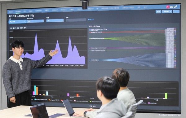 LG유플러스가 지난해 범죄 조직이 운영하는 악성 앱 제어 서버를 지속 추적한 결과, 보이스피싱 범죄 위험에 놓여 있던 고객 3만명 이상을 보호하는 성과를 거둔 것으로 나타났다. 사진은 LG유플러스 임직원들이 '고객피해방지 분석시스템'을 가동하고 있는 모습. /사진=LG유플러스