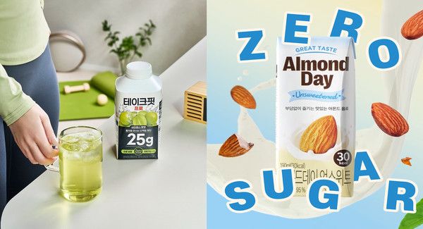 남양유업&nbsp;워터형 단백질 음료 '테이크핏 프로 샤인머스캣맛'(왼쪽) '아몬드데이 언스위트'(오른쪽) /사진=남양유업