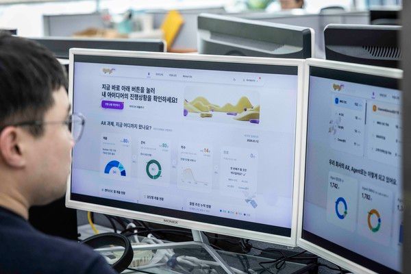 SKT 구성원이 전용 플랫폼 'AXMS'를 활용해 업무 현장에 적용할 AI 과제를 구체화하고 있는 모습. /사진=SKT