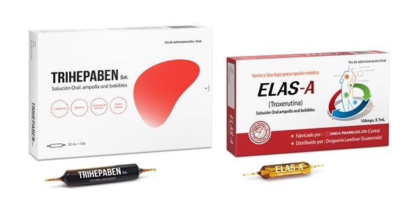 과테말라 수출용 헤파토스시럽(왼쪽)과 엘라스에이액 / 사진=조아제약