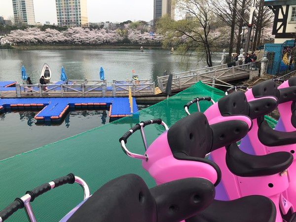 '메이플 아일랜드'&nbsp;콘셉트에 맞춰 리뉴얼해 선보이는 기존 어트랙션 '자이로 스핀'에 탑승했을 때 보이는 석촌호수 풍경 /사진=김현정 기자