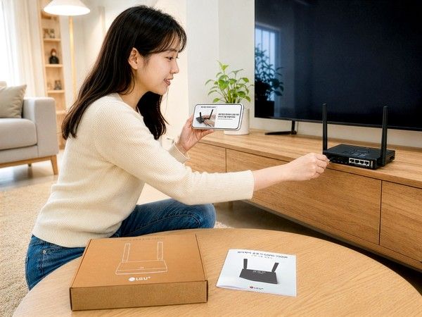 LG유플러스는 홈 개통과 A/S 서비스 전반에서 비대면 처리 범위를 확대하며, 전체 단말 회수·상품변경 개통의 54% 수준인 월 평균 6만건 이상을 방문 없이 처리하고 있다고 10일 밝혔다. 사진은 고객이 집안에서 비대면 셀프개통을 진행하는 장면을 AI로 생성한 모습. /사진=LG유플러스