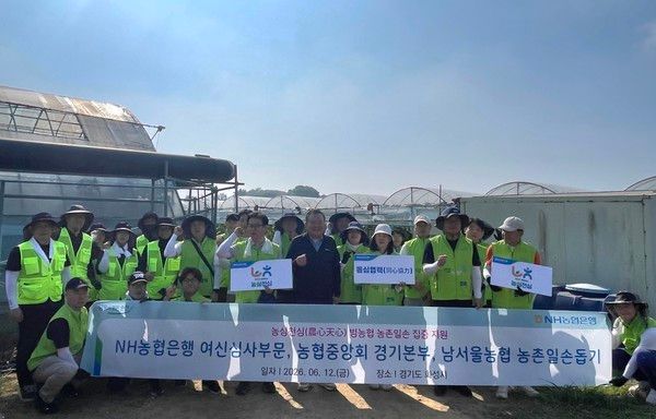 NH농협은행 여신심사부문은 12일 농협중앙회 경기본부 및 남서울농협과 함께 경기도 화성시 서신면 용두리 소재 포도 농가를 찾아 영농철 일손을 도왔다. / 사진=NH농협은행