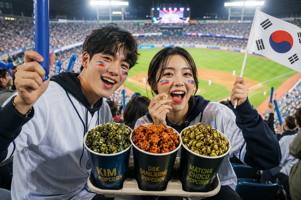 스포츠 팬들이 경기를 관람하면서 다양한 맛의 팝콘을 즐기는 모습을 생성형 AI로 제작한 이미지