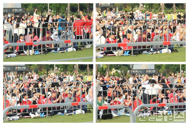 ‘동점골’ 기뻐하는 붉은악마와 시민들 (서울=진실타임스) 이윤영 기자 = 2023. 국제축구연맹(FIFA) U-20 월드컵 준결승전 대한한국 vs 이탈리아 전 거리응원전이 열린 9일 오전 6시 서울 종로구 세종로 1-68 광화문광장에서 이승원이 페널티킥을 성공하며 대한민국의 천금 같은 동점골의 붉은악마와 시민들이 기뻐 하고 있다. 2023.6.9 jinisltimesdesk@jinsiltimes.org